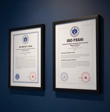 A close-up of framed ISO and FSSAI certifications on a dark navy blue wall. Soft spotlighting creating a high-trust, elite corporate feeling.