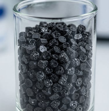 Macro shot of high-quality black activated carbon granules in a crystal clear glass cylinder. Industrial lab setting, sharp focus, professional lighting.