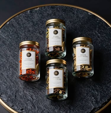 A luxury product photography shot of premium Indian spices and extracts in high-end glass packaging, arranged elegantly on a dark navy stone surface with a soft gold rim light. The composition is minimal and sophisticated.