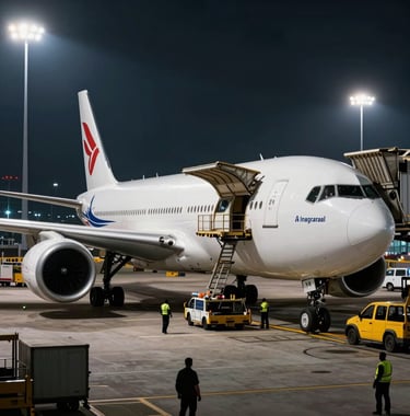 A high-end photograph of a busy international air cargo terminal at night. A large freight plane is being loaded under bright stadium-style lights, with silhouettes of ground crew and logistics equipment. The mood is efficient and global.