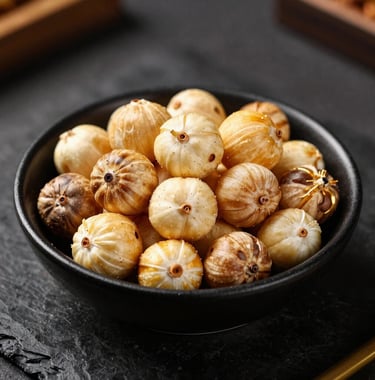 A premium close-up of roasted Makhana (fox nuts) presented in a designer black bowl. Minimalist, high-end food photography with dark and gold accents.