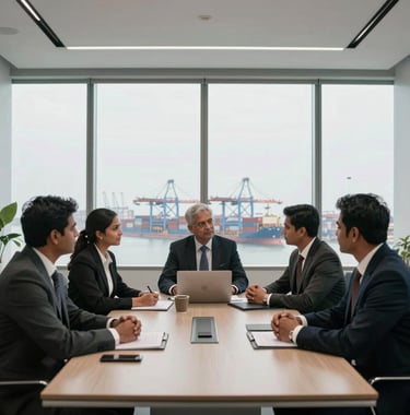 A group of South Asian / Indian business professionals in corporate attire engaged in a strategic meeting within a minimalist, luxury office suite. Large windows overlook a modern shipping port with container cranes in the distance.