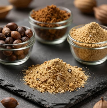 A high-end, close-up photograph of premium makhana and guar gum powder in minimalist glass containers on a dark slate surface, illuminated by warm gold light in a professional South Asian / Indian trade facility.
