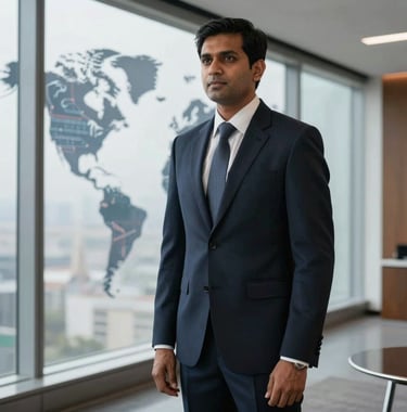 A sophisticated South Asian / Indian professional in a tailored dark navy suit standing in a modern, luxury corporate office with floor-to-ceiling windows showing a world map on a digital screen in the background.