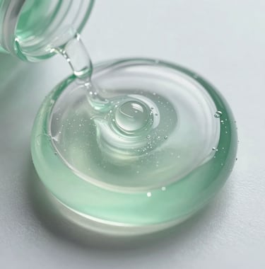 Macro photography of a crystal-clear pharmaceutical gel, showing texture and purity. Sophisticated laboratory lighting in Brazil, featuring soft green and white tones.