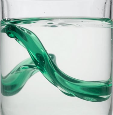 Clean, artistic photography of abstract liquid waves in a glass container, utilizing emerald green and pure white colors. The composition is organic and fluid, representing scientific innovation.