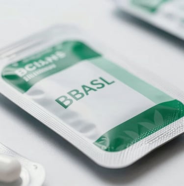 Close-up of sleek pharmaceutical packaging with minimalist branding in a bright, clean clinical setting. Brazilian context, high-end design, white and forest green accents.