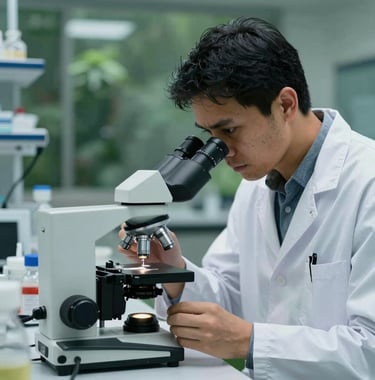 Professional photography of a scientist in a South American laboratory examining a sample under a microscope. Cool white and forest green color scheme, conveying expertise and innovation.