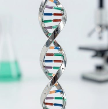 Macro photography of a DNA double helix model made of polished glass and metal, reflecting a clean white and soft green scientific environment. Sophisticated lighting, focus on detail.