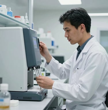 A professional in a clean white lab coat working with a high-tech automated pipetting system, modern laboratory in Sao Paulo, bright natural lighting, professional and trustworthy atmosphere.