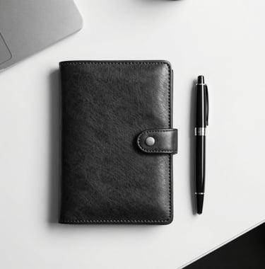 A top-down, minimalist shot of an elegant dark leather portfolio next to a black fountain pen on a clean white desk. The lighting is crisp and professional, emphasizing textures and high-quality materials. European office context, black and white.