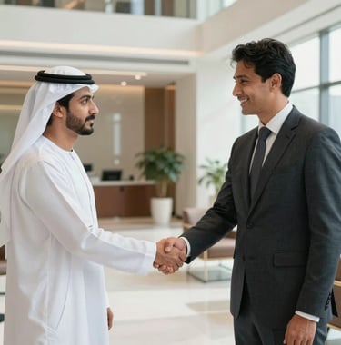Two professionals in traditional and modern corporate attire shaking hands in a bright, high-end Gulf office lobby, conveying a successful business partnership.