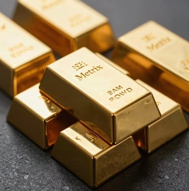 Luxury photography of multiple 1kg gold bars with the Metrix corporate seal, neatly stacked on a dark obsidian surface with soft side lighting that highlights the metallic gold texture, emphasizing financial stability.