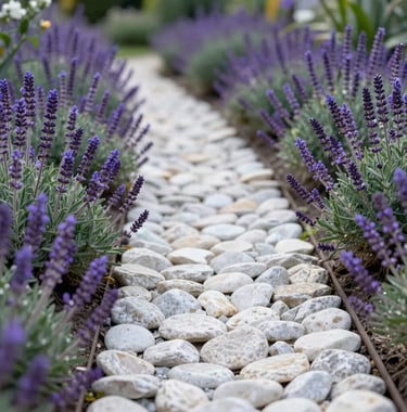Photography of a peaceful garden path in a North American spiritual retreat. The path is lined with white stones and purple blooming sage. Soft, diffused daylight illuminates the tranquil scene.