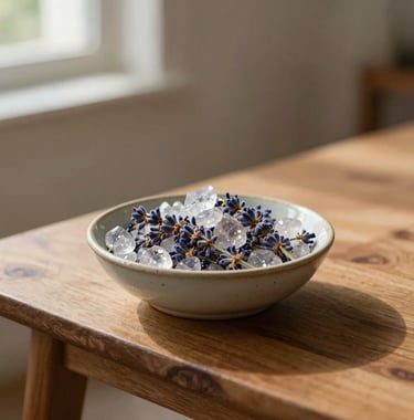 A close-up photograph of a simple wooden table in a North American sunlit room. On the table sits a handcrafted ceramic bowl filled with dried lavender and sparkling clear crystals. The lighting is soft and warm.