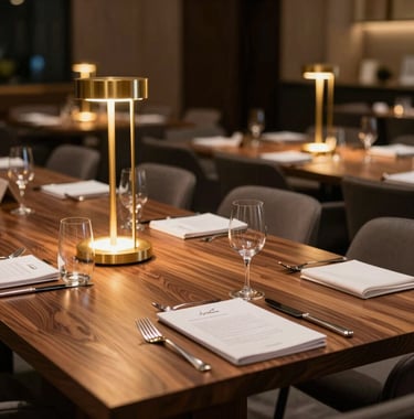 A high-end corporate seminar setup in Dubai, featuring warm charcoal wood tables with crisp stationery, sleek design details, glowing gold light installations, and an air of professional prestige.