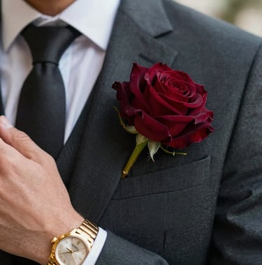 A detailed close-up of a groom's sharp dark charcoal suit with an elegant metallic gold watch and a single deep burgundy rose pinned to the lapel, reflecting premium craftsmanship.