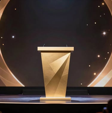 A corporate gala stage in Riyadh, featuring a sleek modern podium with a subtle metallic gold geometric pattern, surrounded by rich soft lighting and dynamic celebratory highlights.