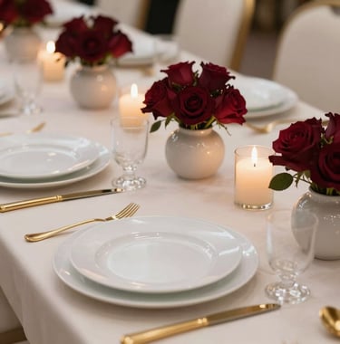 Close-up of a luxurious Middle Eastern / Gulf wedding table setup. Alabaster white plates accented with gold utensils, deep burgundy roses in modern low vases, and flickering warm candles on a soft cream tablecloth.