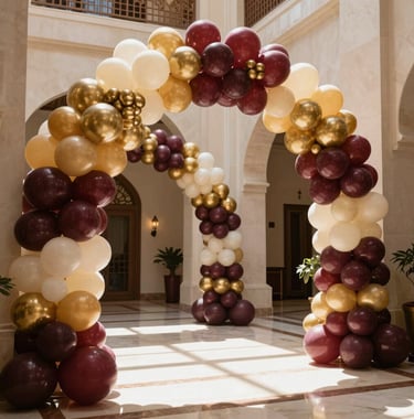 An elegant grand foyer in Muscat prepared for a high-society graduation celebration, decorated with massive arches of metallic gold, deep burgundy, and soft cream balloons, beautifully reflecting sunlight.