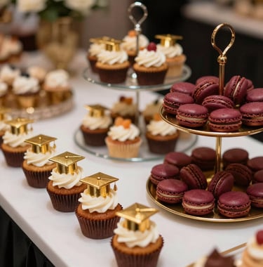 A stylish sweet table at a luxury graduation party in Doha. Gourmet cupcakes decorated with small golden academic caps, and rich burgundy macarons on tiered glass and gold platters.