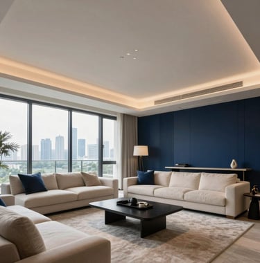 Wide-angle interior shot of a contemporary luxury penthouse living room in Noida. Minimalist design with high-quality finishes in cream and dark blue. Large glass windows showing the skyline. Professional architectural style. South Asian / Indian.