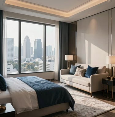 A luxury master bedroom in a Noida apartment with floor-to-ceiling windows showing the city skyline. Soft morning light, sophisticated decor in muted blue and off-white, South Asian / Indian urban lifestyle.