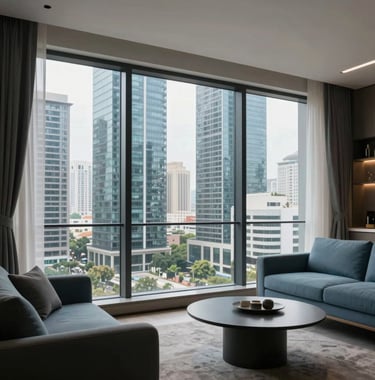 Photography of a contemporary show-apartment interior in Noida, floor-to-ceiling windows showing a view of neighboring skyscrapers, modern minimalist furniture in shades of muted blue and slate grey, South Asian urban living context.