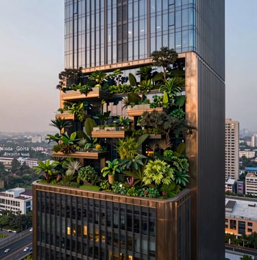 A lush sky-garden on the upper floors of a skyscraper, overlooking the Noida-Greater Noida Expressway. Greenery mixed with architectural bronze elements, professional photography at dusk.