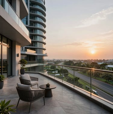 High-end architectural photography of a spacious private balcony in a luxury high-rise apartment in Greater Noida, featuring modern outdoor furniture, glass railings, and a panoramic view of the verdant expressway surroundings at sunset, South Asian light.
