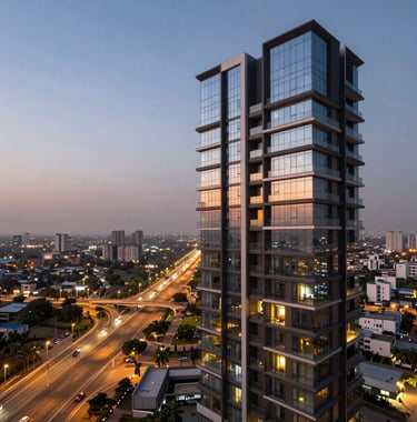 Photography of a sleek modern balcony of a luxury high-rise apartment in Noida at sunset. The view overlooks the sprawling Greater Noida Expressway with glowing city lights. Muted blue sky. South Asian / Indian.