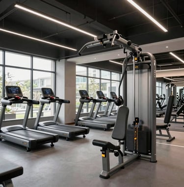 A modern, high-tech fitness center within a premium residential complex in Greater Noida. The lighting is clean and professional, showcasing high-end equipment and a slate gray color scheme.