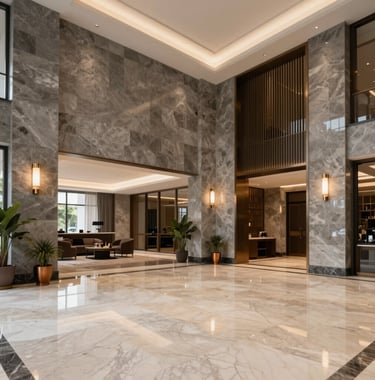 Interior photography of a grand luxury apartment lobby in Noida, featuring polished cream marble floors, slate grey stone walls, warm bronze lighting fixtures, and sophisticated South Asian professional decor, clean lines, professional atmosphere.