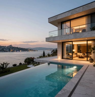 Architectural photography of a contemporary luxury villa in Istanbul with a private pool and panoramic Bosphorus views at twilight. Golden lighting accents, professional composition, Turkish / Global.