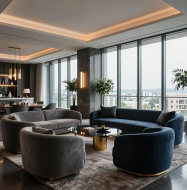 Interior photography of a high-end luxury penthouse lounge with floor-to-ceiling windows, minimalist bespoke furniture in anthracite and navy tones, and gold lighting fixtures. Turkish / Global style.