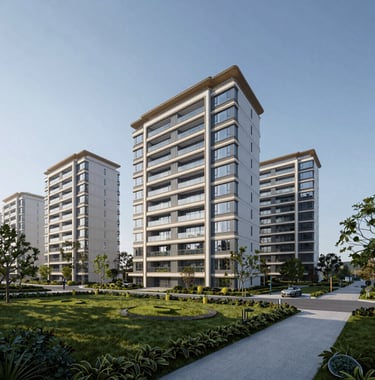 A professional shot of a modern residential development in a prestigious district of Istanbul, focusing on clean lines, high-quality materials, and manicured landscapes under a clear blue sky.