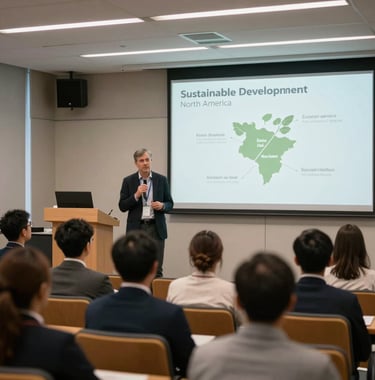 A professional seminar held in a light-filled auditorium where a speaker is discussing sustainable development goals in North America.