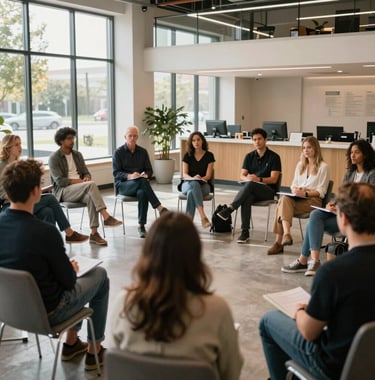 A diverse group of community members meeting in a sunlit, modern North American community center for a leadership workshop.