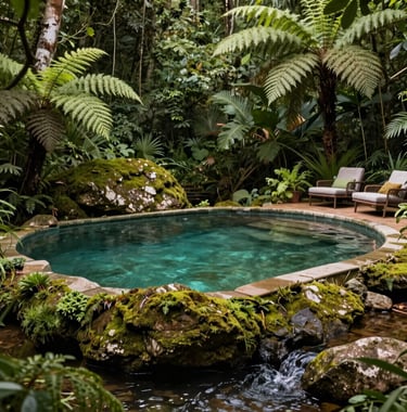 A natural swimming pool formed by a clear river in a Brazilian forest setting. Moss-covered rocks and ferns surround the water. High-end outdoor furniture nearby. Brazilian nature for European expatriates. Colors: dark green, medium green, light green.