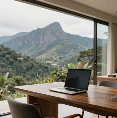 A workspace inside a luxury sustainable home in Brazil. A wooden desk faces a large floor-to-ceiling window overlooking a mountain range. A modern laptop is on the desk. Brazilian nature for European expatriates. Colors: cream, medium green, dark green.