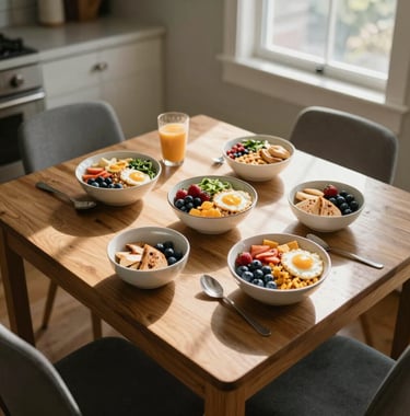 A top-down view of a shared kitchen table in a North American home, with healthy breakfast bowls and morning sunlight streaming through the window, signifying a fresh start.