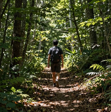 A person walking on a sun-dappled trail through a North American forest, with green leaves and soft shadows, representing the journey of recovery.