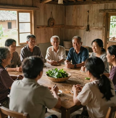 A community meeting inside a traditional wooden house. Members are discussing agricultural techniques with focused and hopeful expressions. Warm lighting, earthy tones (#5C7C54, #A8B59F), empowering atmosphere.