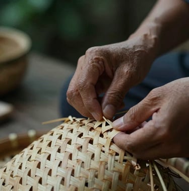 A detailed close-up of hands weaving a traditional bamboo basket. The focus is on the intricate technique and the natural wood texture (#F5F5EC). Moody and artistic lighting with green accents.
