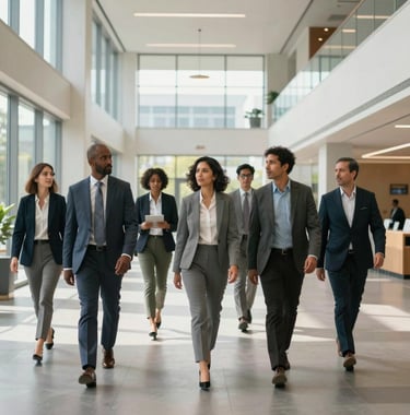 A wide-angle shot of a group of diverse professionals in North American business attire walking through a sunlit, modern educational center with large glass windows and clean architectural lines. The style is modern, structured, and highly professional.