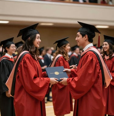 A detailed photograph of a graduation ceremony in a prestigious North American university hall, focusing on a student in a red gown receiving a diploma, representing education and learning pathways.
