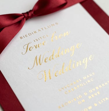 A close-up of a premium wedding invitation suite with gold foil lettering and red silk ribbons on a clean white background. Photography of high-end destination event planning.