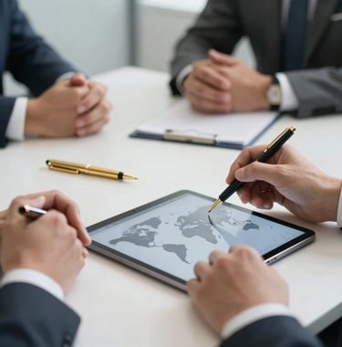 A close-up photograph of a professional hands-on meeting in a North American corporate boardroom. On the white table sits a gold pen and a modern tablet displaying a world map. The lighting is bright and clear, emphasizing a trustworthy and structured business environment.