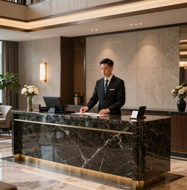A luxury concierge desk in a premium hotel lobby, featuring a sleek dark marble counter and professional staff in corporate attire. Sophisticated North American / US setting.