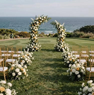 A high-end destination wedding setup on a manicured lawn overlooking a North American coastal view, with gold and white floral arrangements, representing event planning and lifestyle coordination.